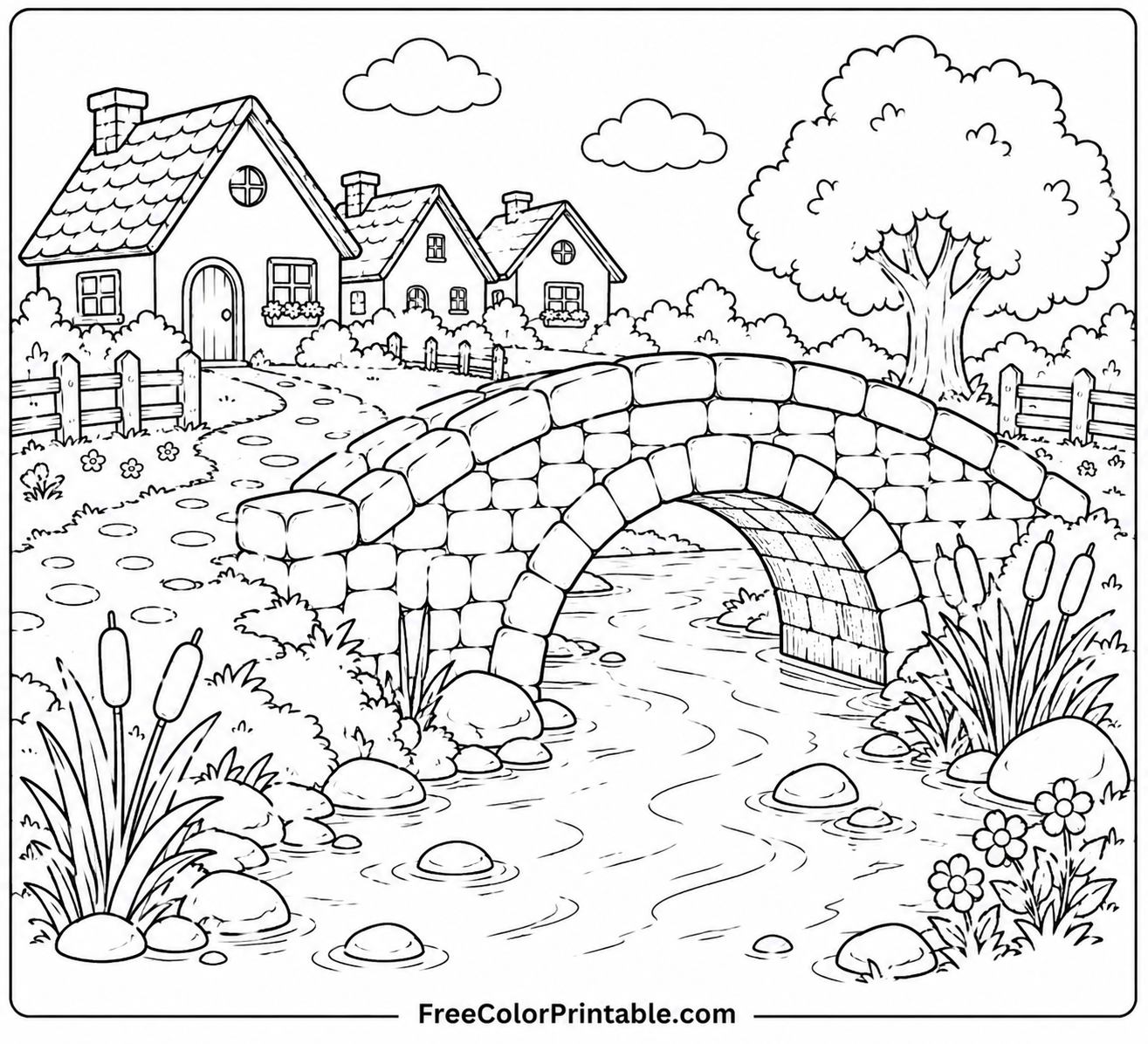 Serene countryside with stone bridge Coloring Page — Free Printable — free printable coloring page